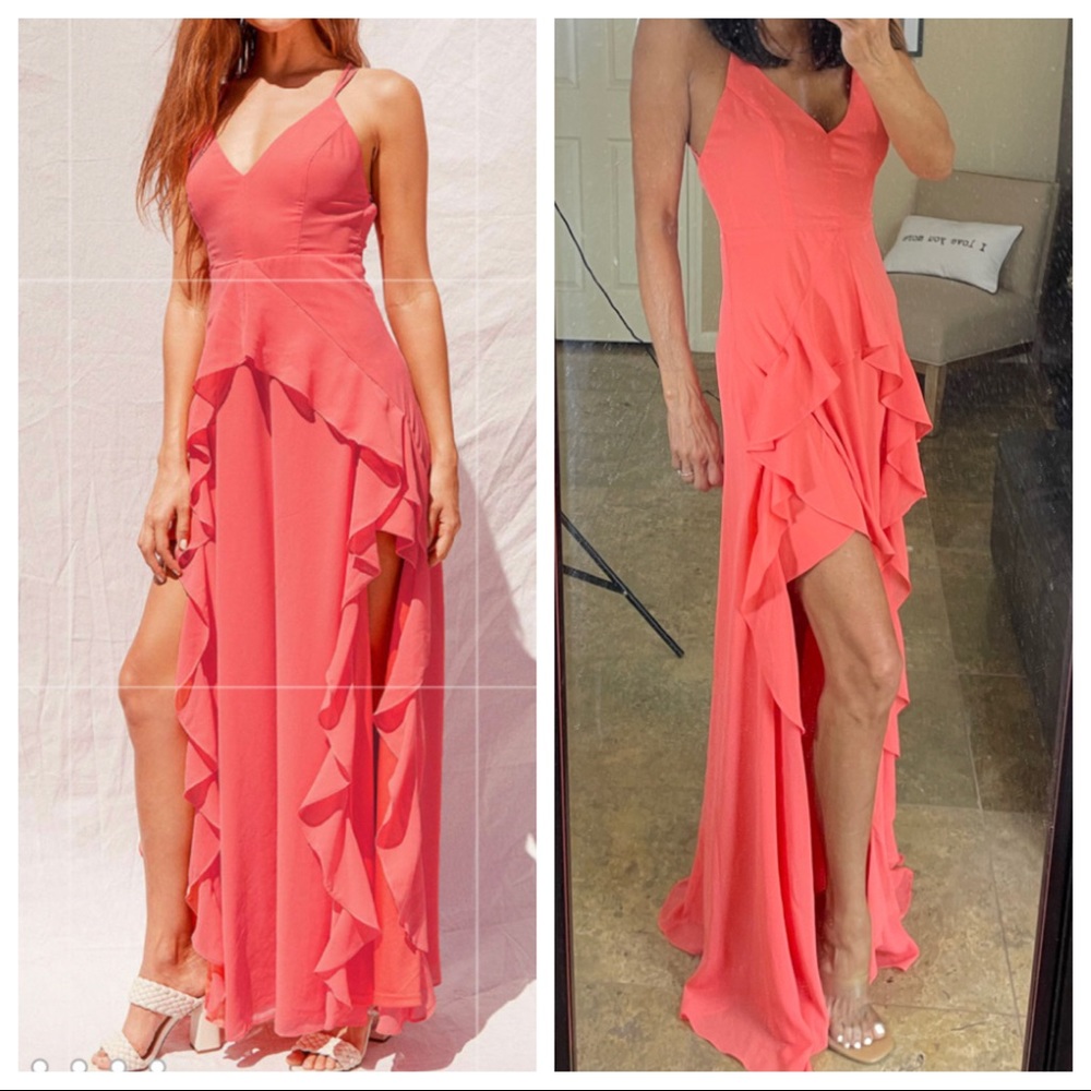 Lulu’s Vibrant Love Coral Sleeveless Ruffled Maxi Dress
Sz XS